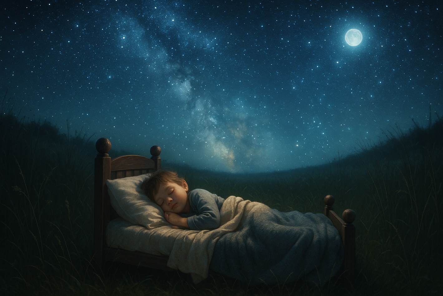 A young child sleeping peacefully in a cozy bed placed in the middle of a natural grassy field, under a breathtaking starry night sky. The stars shine brightly, with a dreamy cosmic glow illuminating the scene. Soft moonlight highlights the child and the grass, creating a magical, serene, and enchanting atmosphere. Highly detailed, cinematic, realistic yet slightly whimsical.